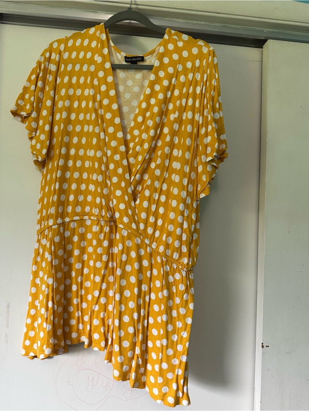 Lane Bryant Yellow and White Polka Dot Wrap-Style Tunic